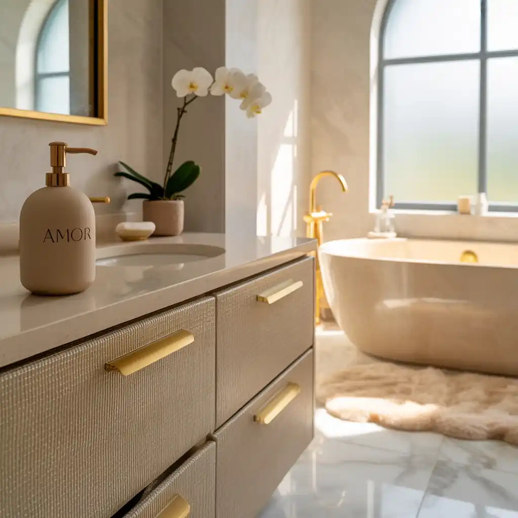 Beige textured vanity accessories bathroom decor
