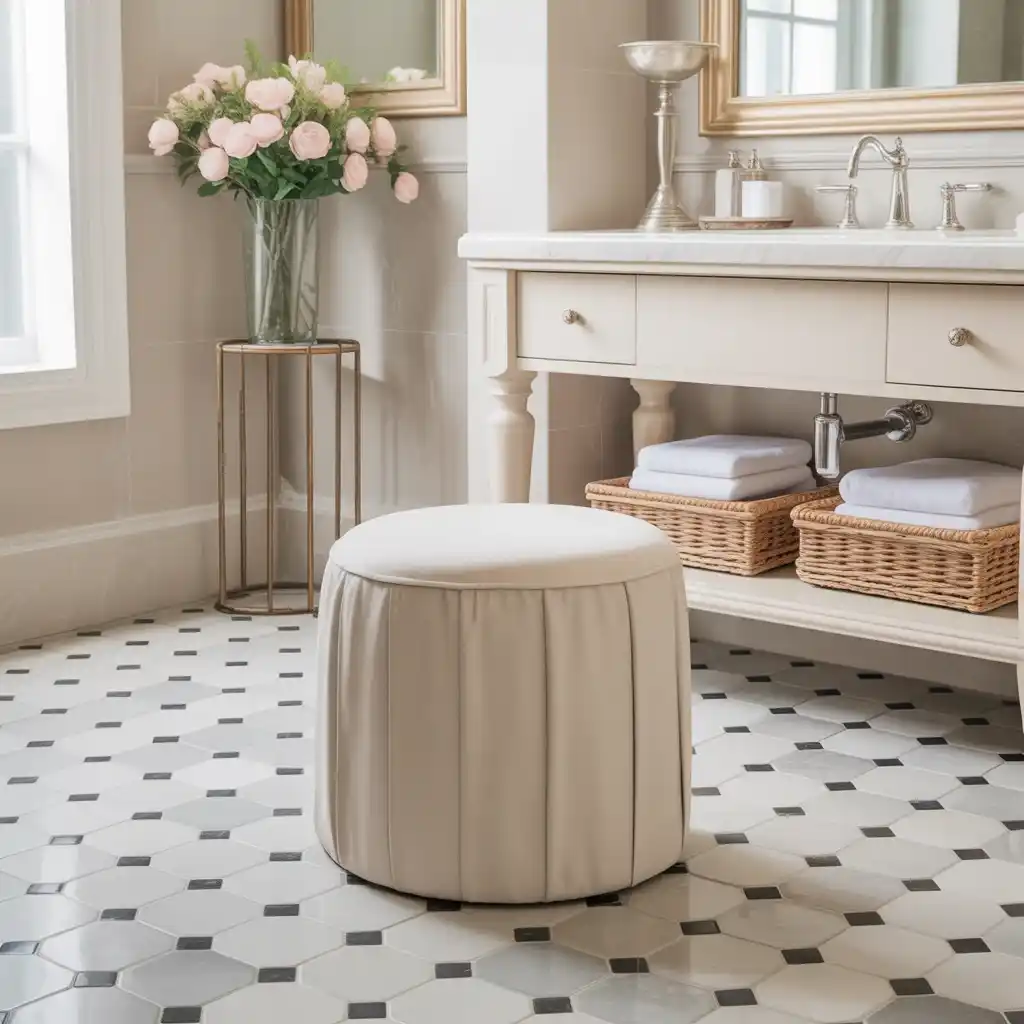 Beige upholstered vanity stool bathroom seating