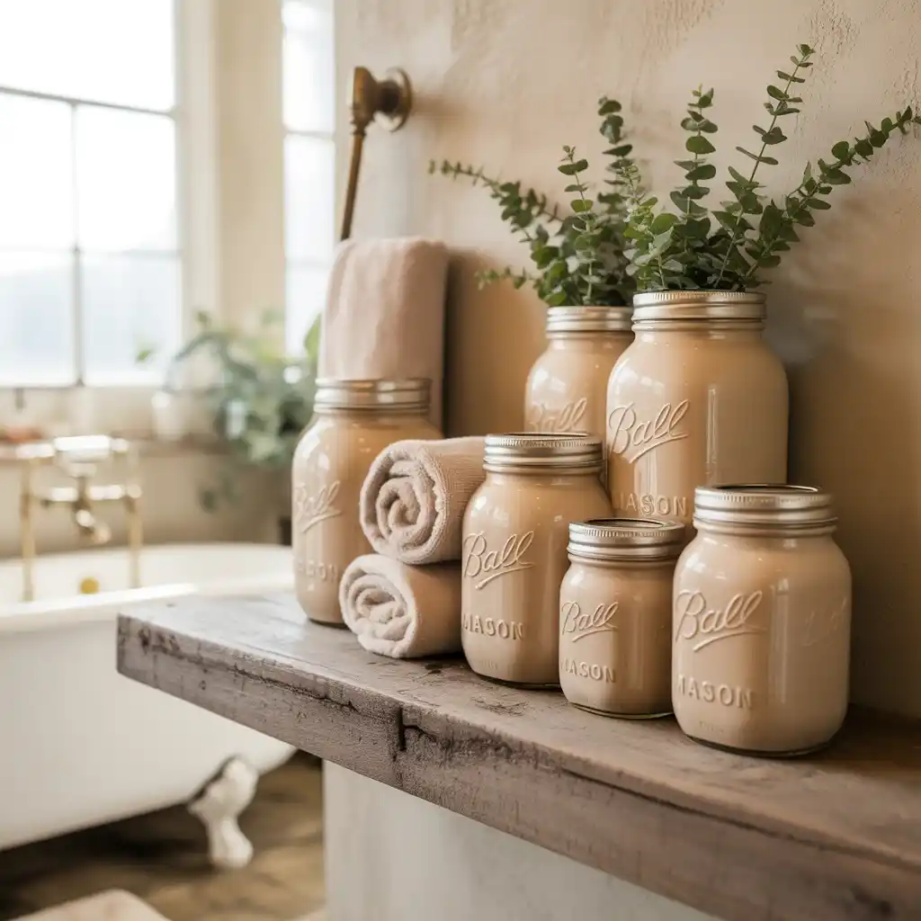 Beige vintage mason jar bathroom storage organization