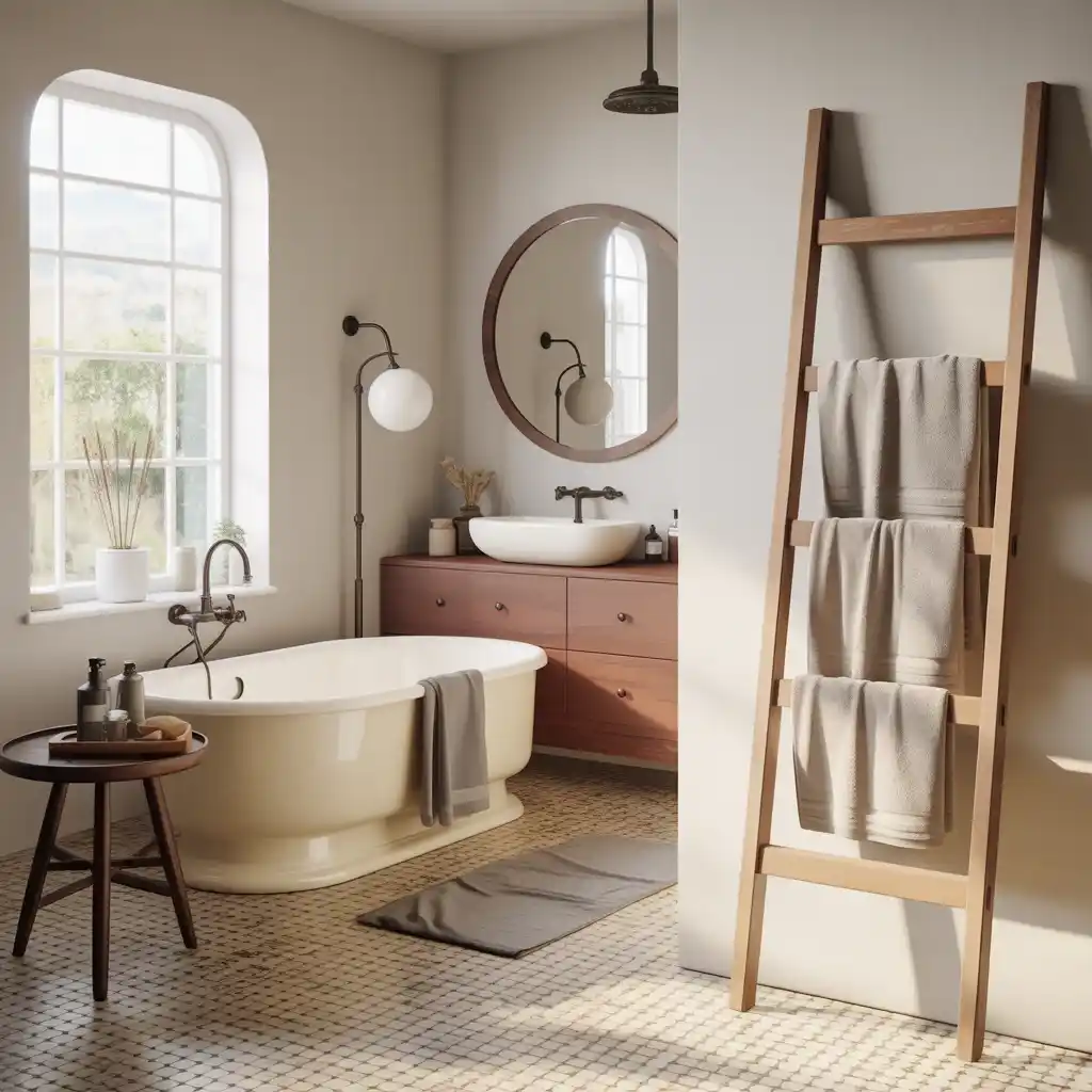 Beige wooden ladder towel storage bathroom decor