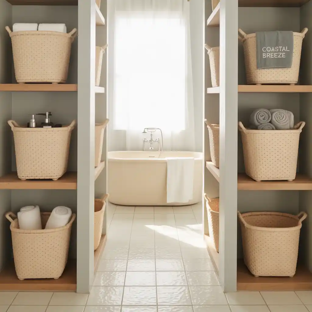 Beige woven baskets bathroom storage organization