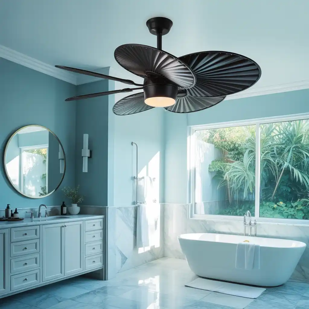 Black ceiling fan tropical bright blades powder blue bathroom