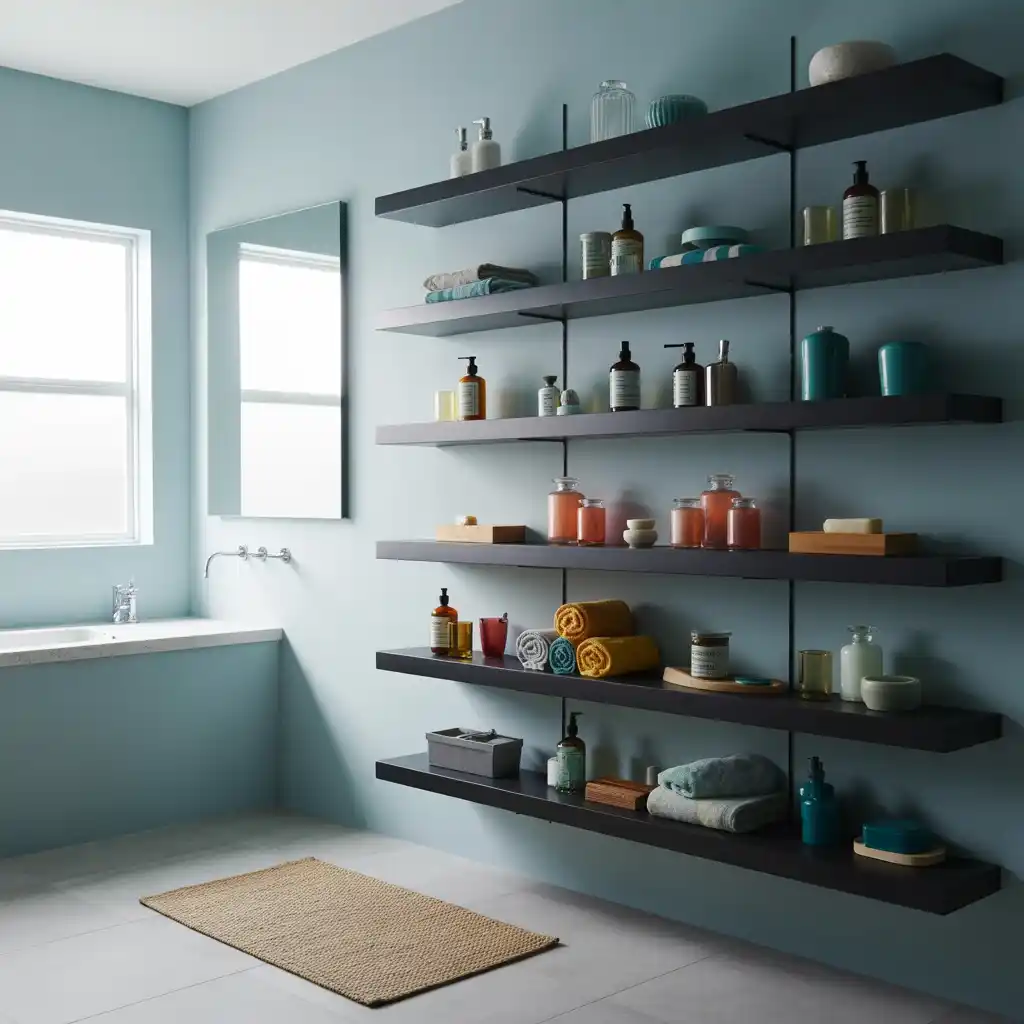 Black floating shelves colorful accessories powder blue bathroom