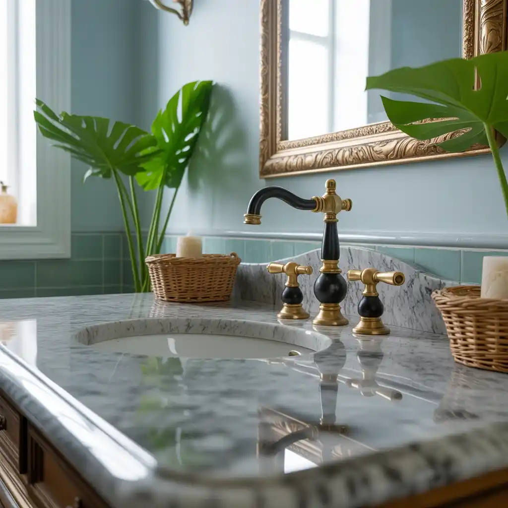 Black gold faucet tropical accessories powder blue bathroom