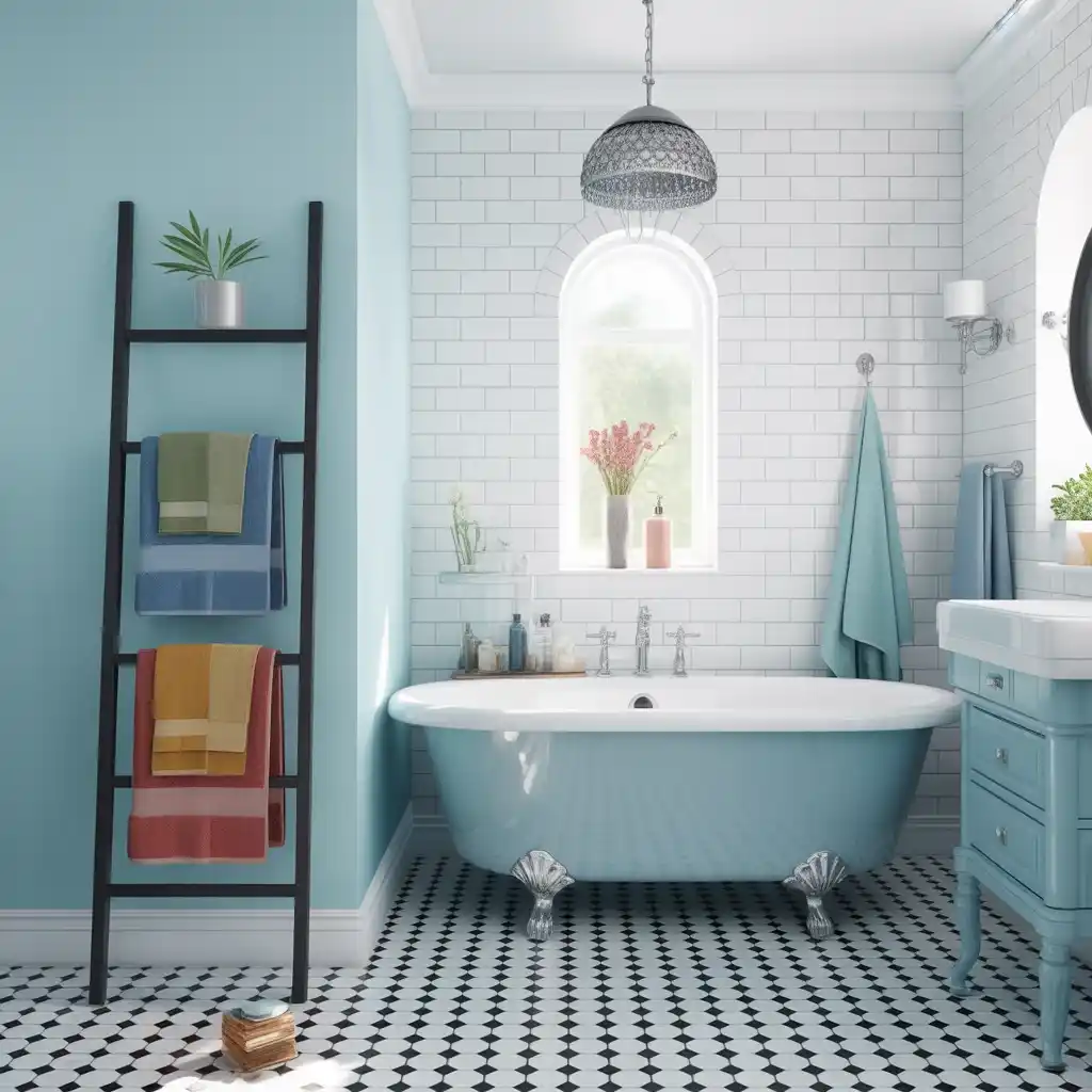 Black ladder shelf colorful towels powder blue bathroom
