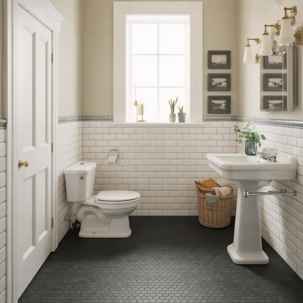 Black lino flooring white subway tiles bathroom