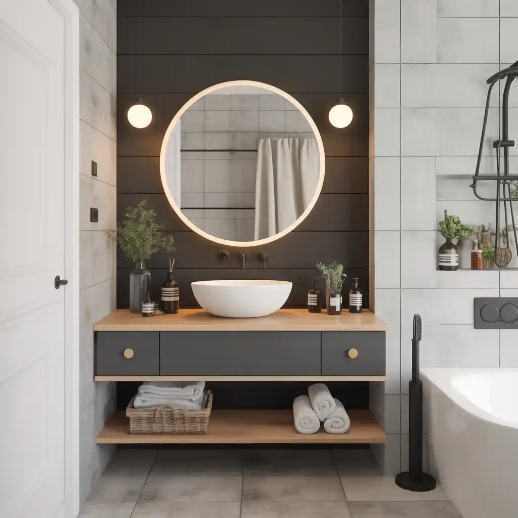 Black matte accent wall bathroom vanity.