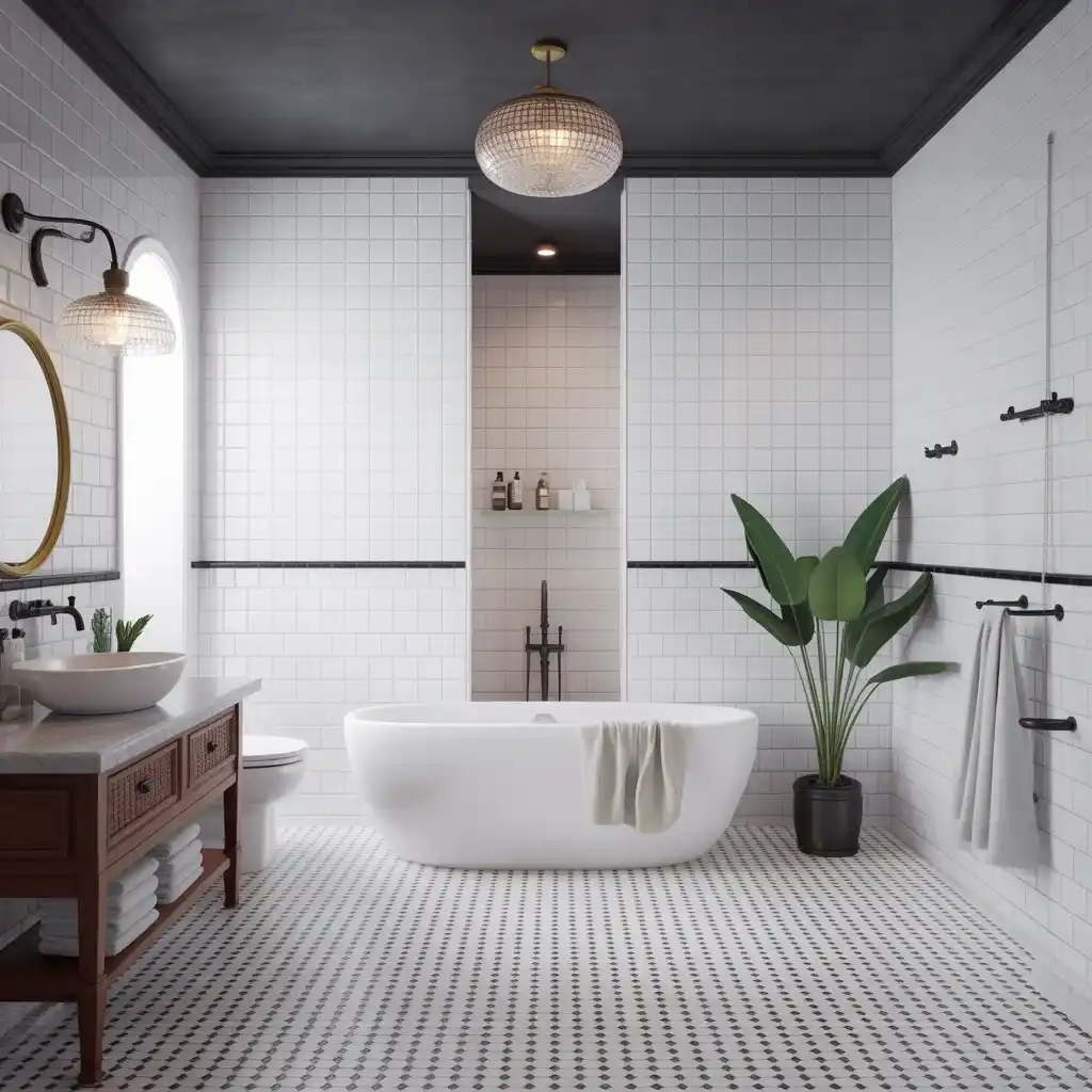 Black matte ceiling white walls bathroom
