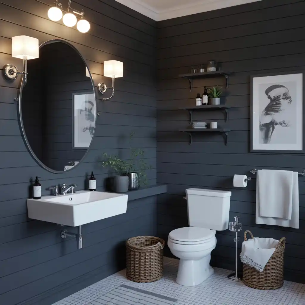 Black matte shiplap bathroom walls