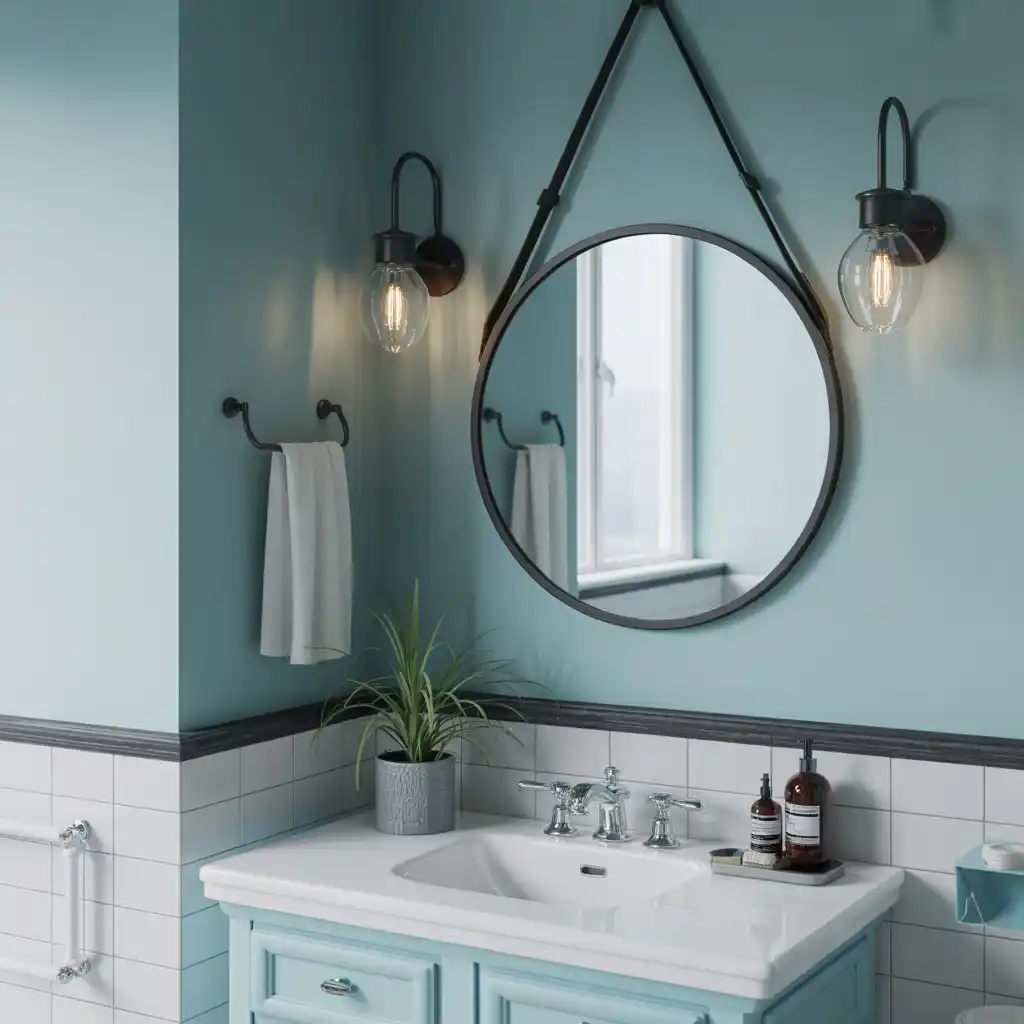 Black round mirror powder blue bathroom wall