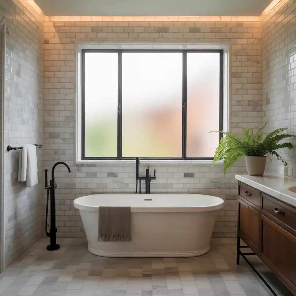 Black window frames cohesive bathroom design