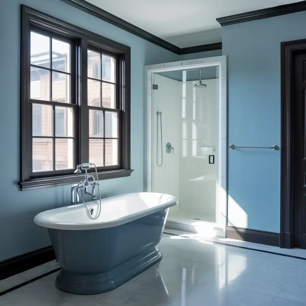 Black window trim powder blue walls bathroom