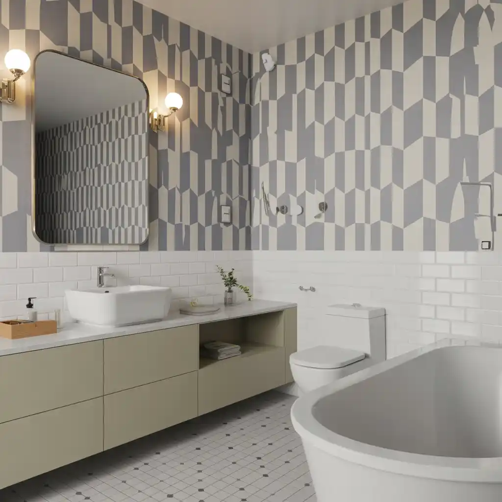 Bold geometric wallpaper funky bathroom