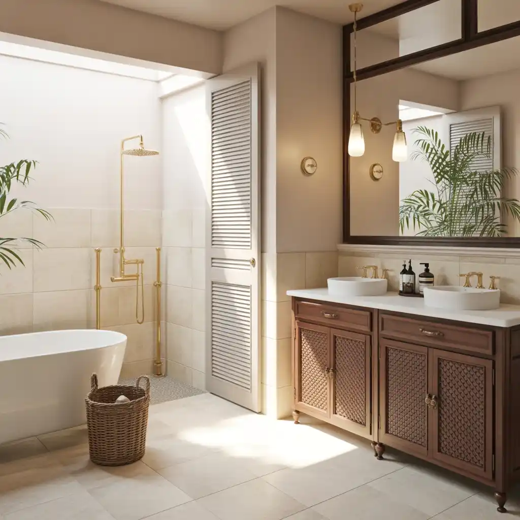 Brass fixtures tropical bathroom luxury