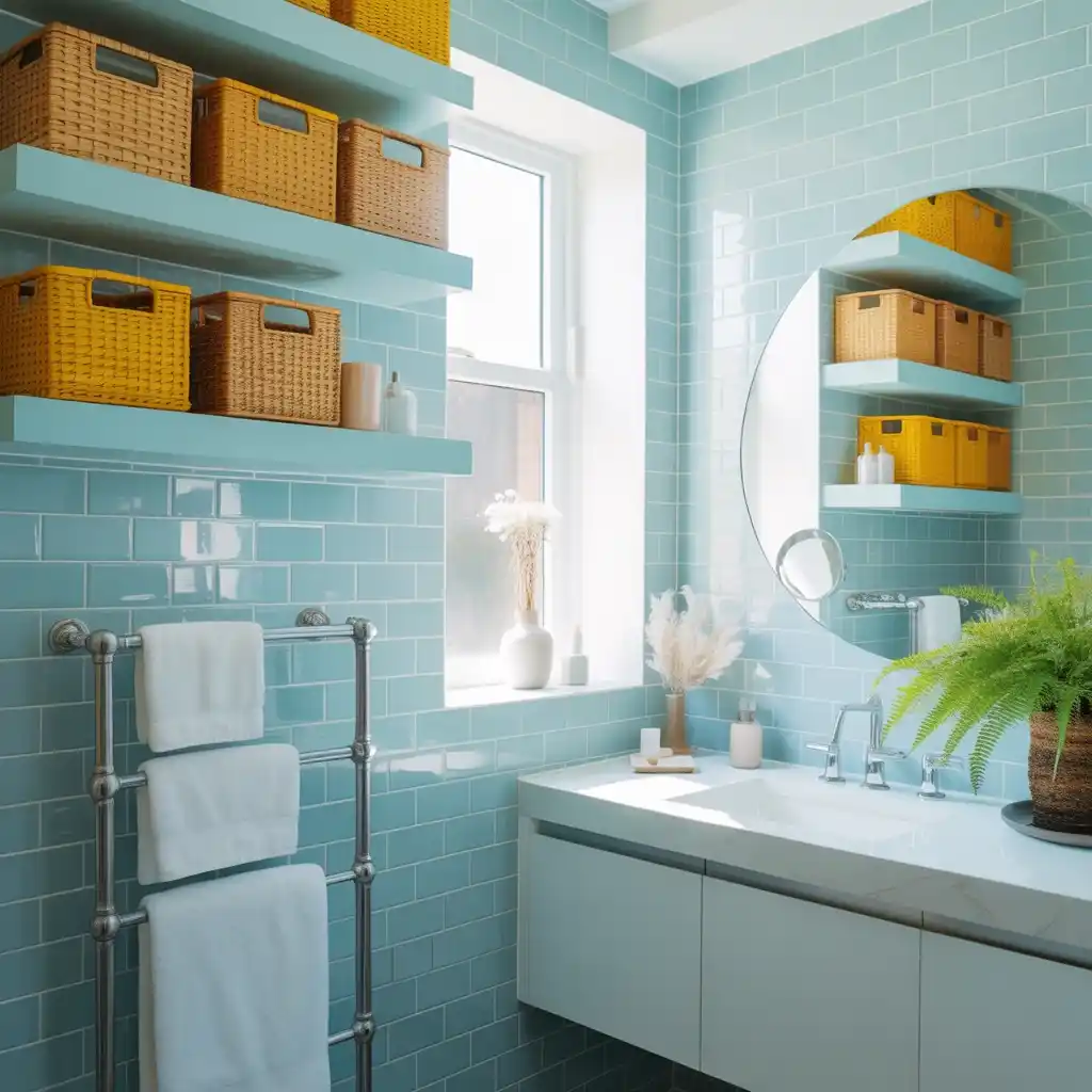 Bright yellow storage baskets powder blue bathroom