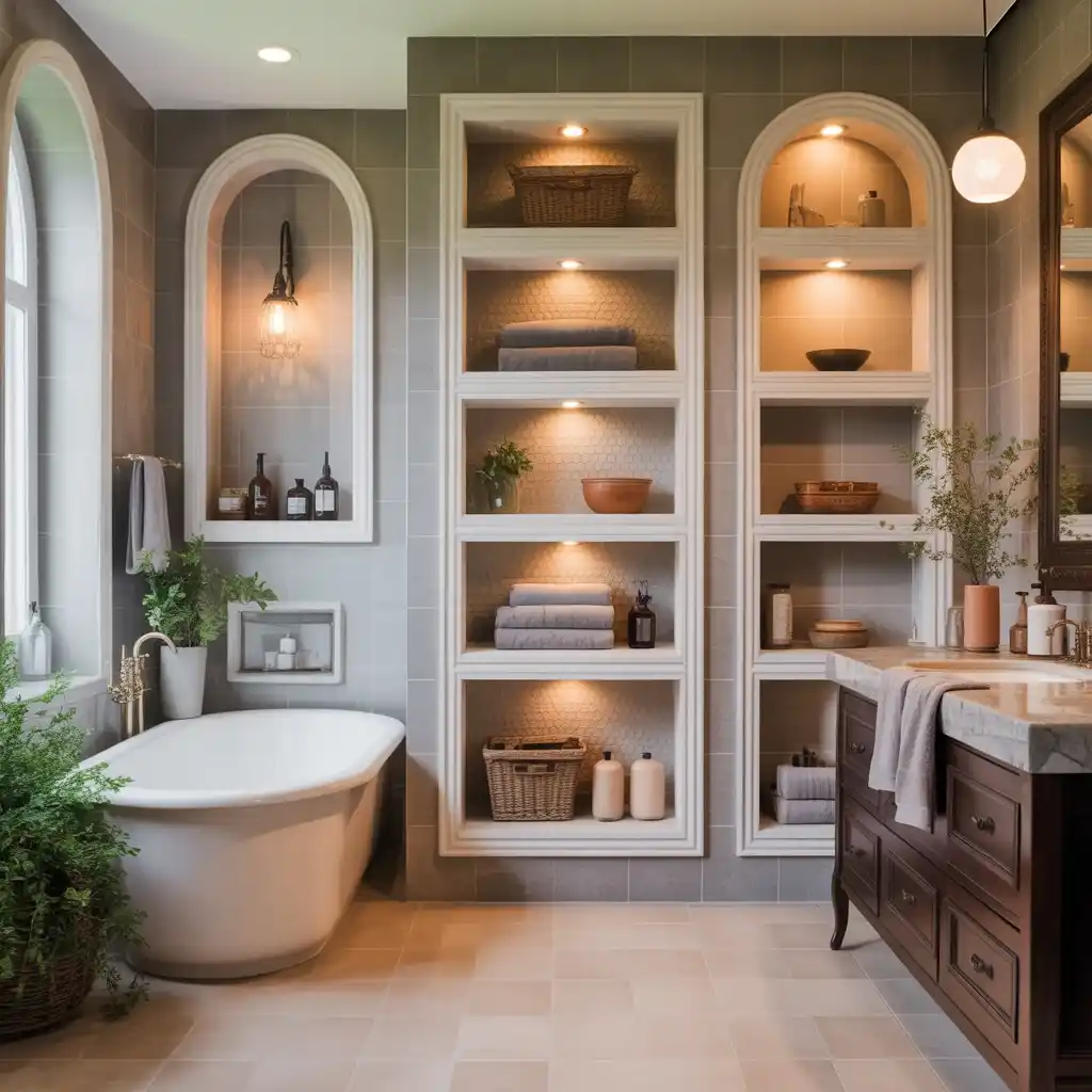 Built in wall niches bathroom towel storage