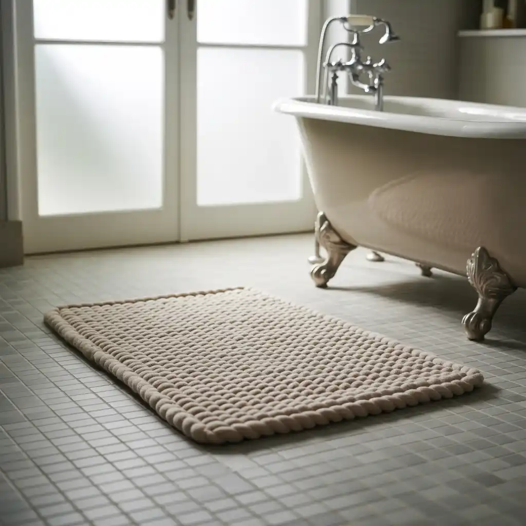 Chunky beige knit bath mat bathroom floor.