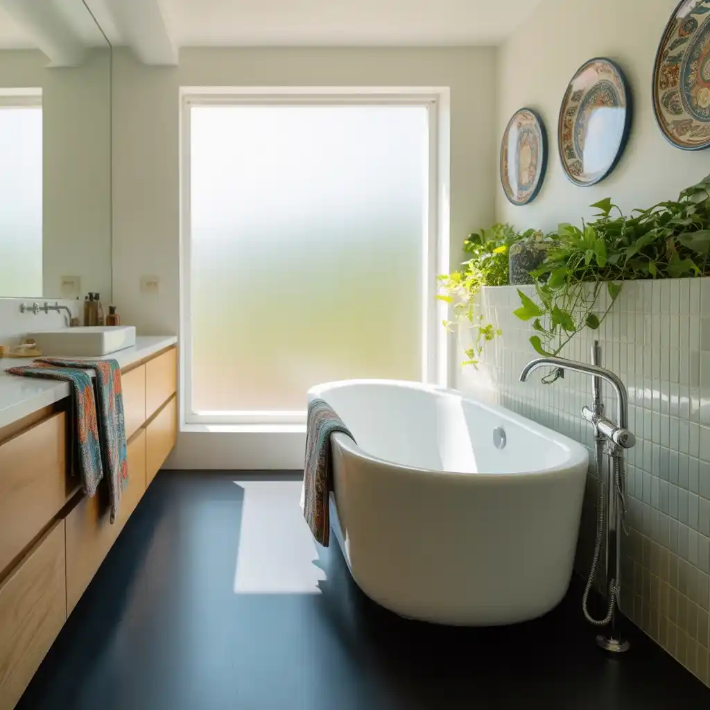 Colorful accessories black lino bathroom decor.