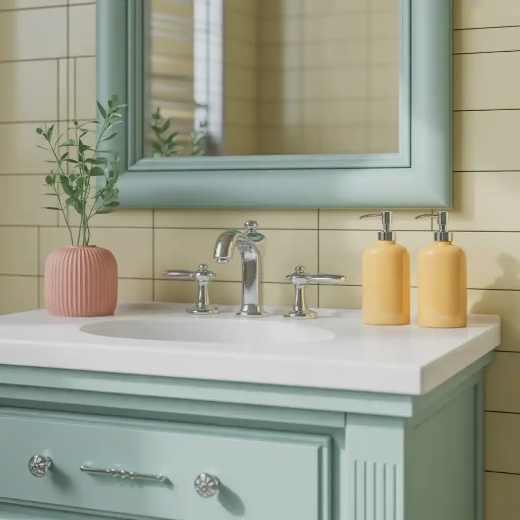 Coral yellow soap dispensers powder blue bathroom vanity