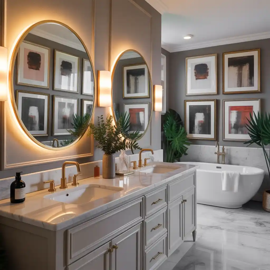 Curated art pieces personality double sink vanity bathroom gallery