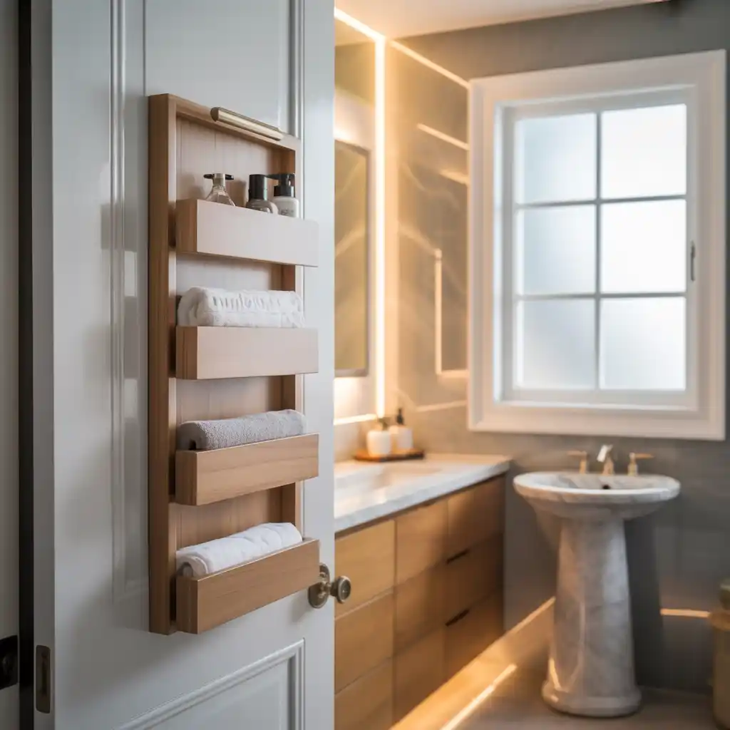 Door mounted storage panel bathroom cabinet organizer