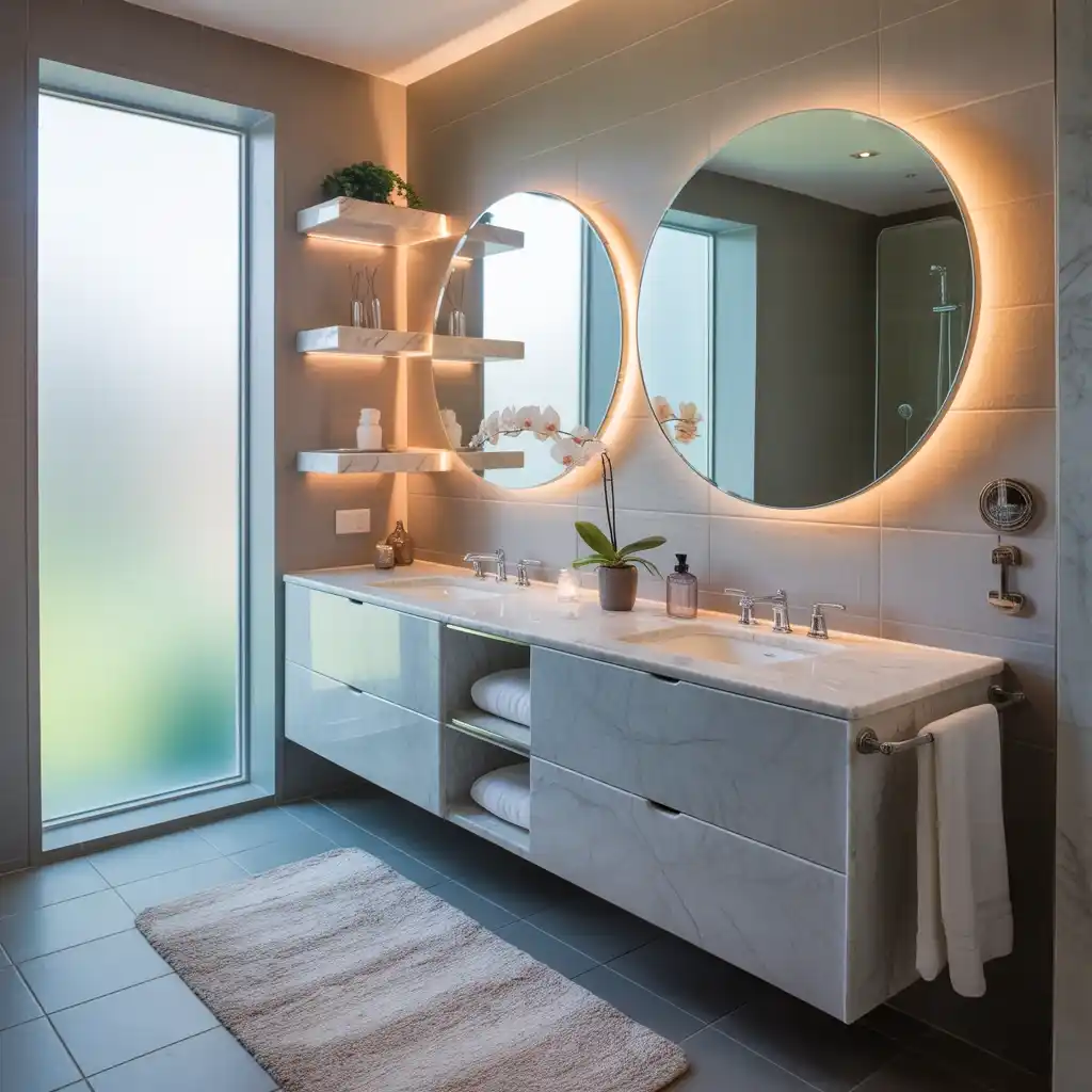 Floating shelves above double sink vanity modern bathroom
