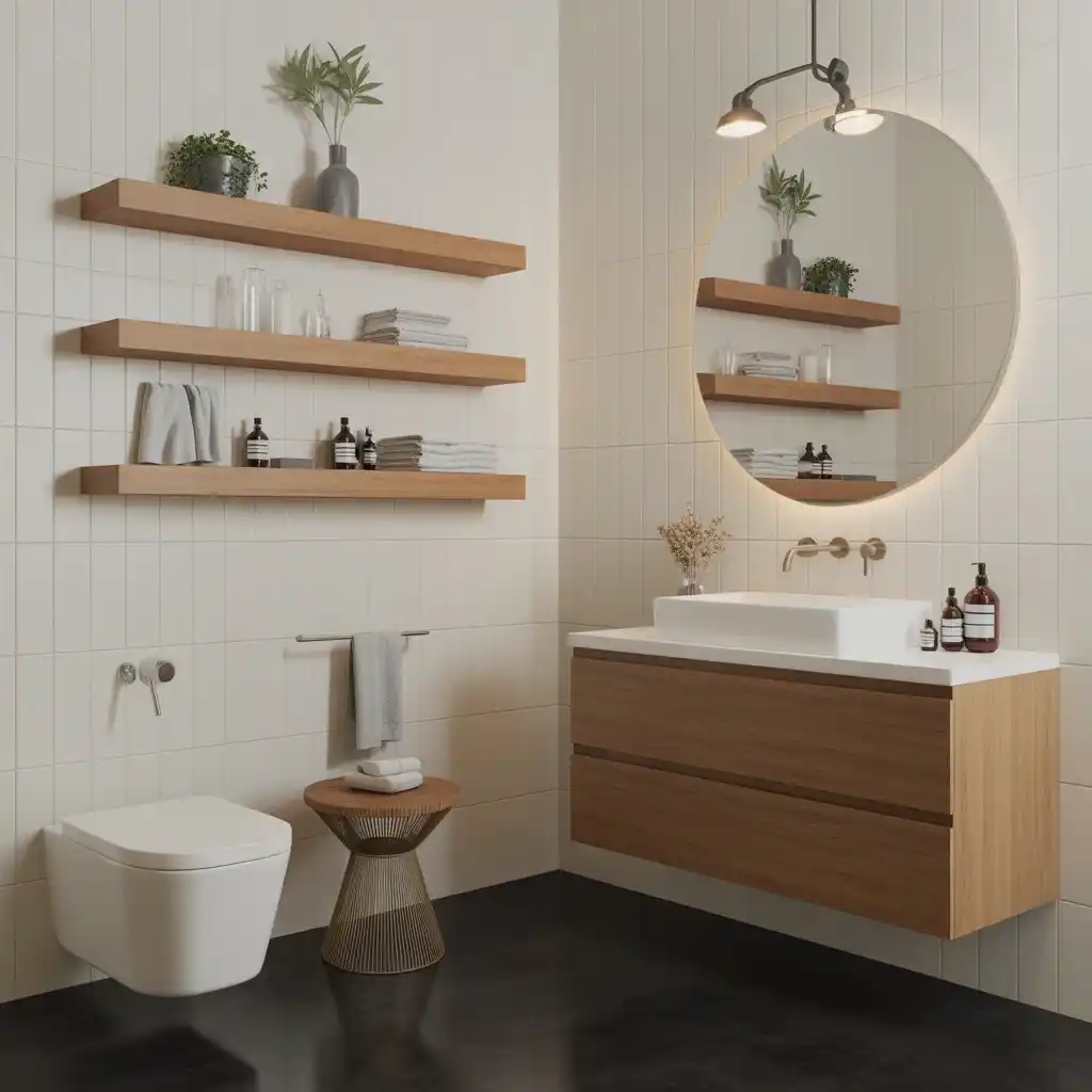 Floating shelves minimalist black lino bathroom