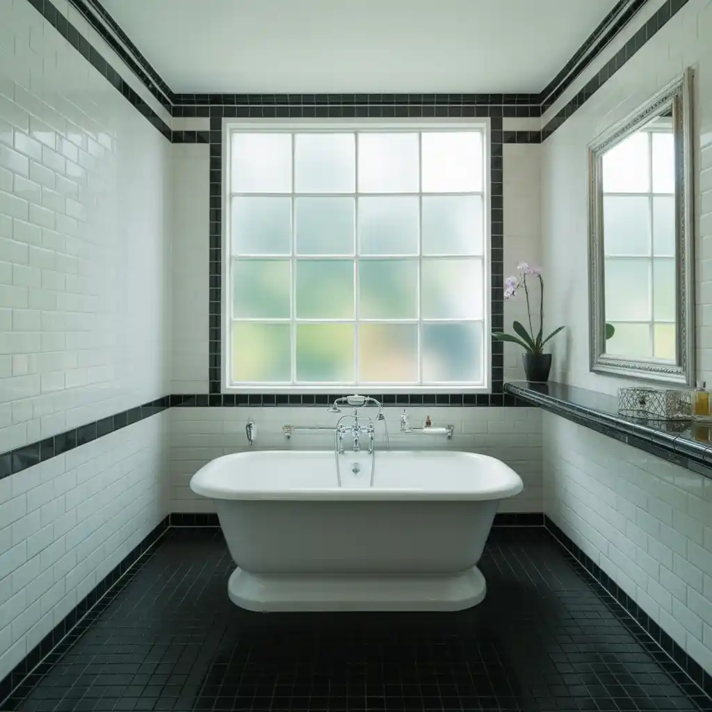 Floor to ceiling tile borders black lino