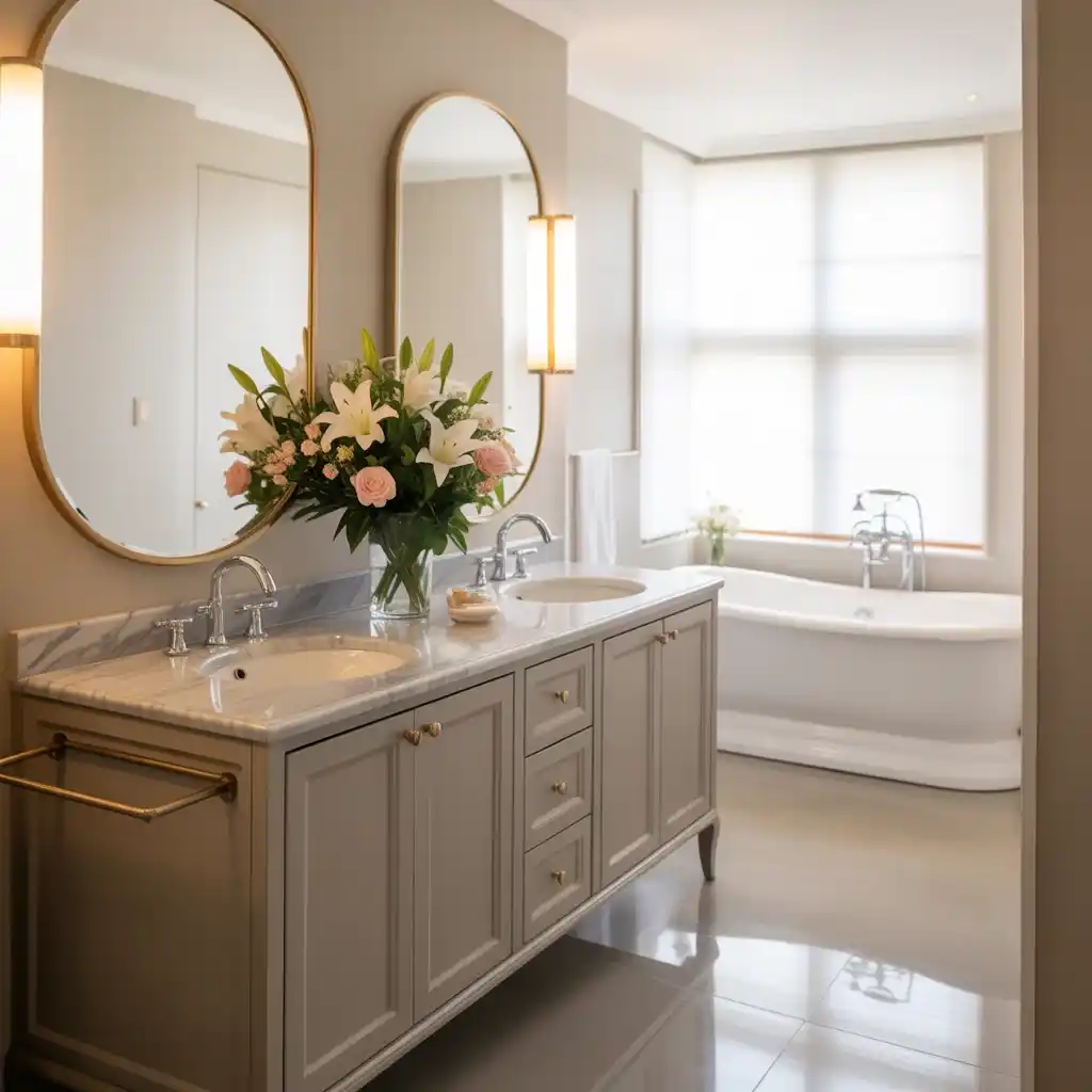 Fresh flowers natural beauty double sink vanity luxury finishing touch