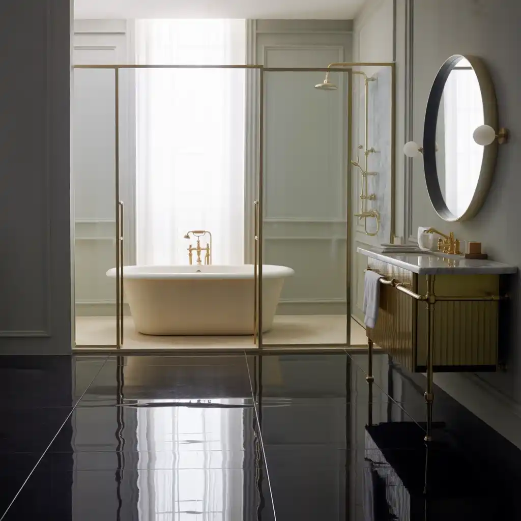 Gold fixtures black lino flooring luxury bathroom