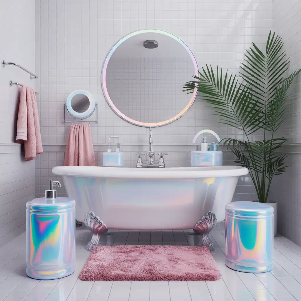 Holographic iridescent kawaii bathroom accessories