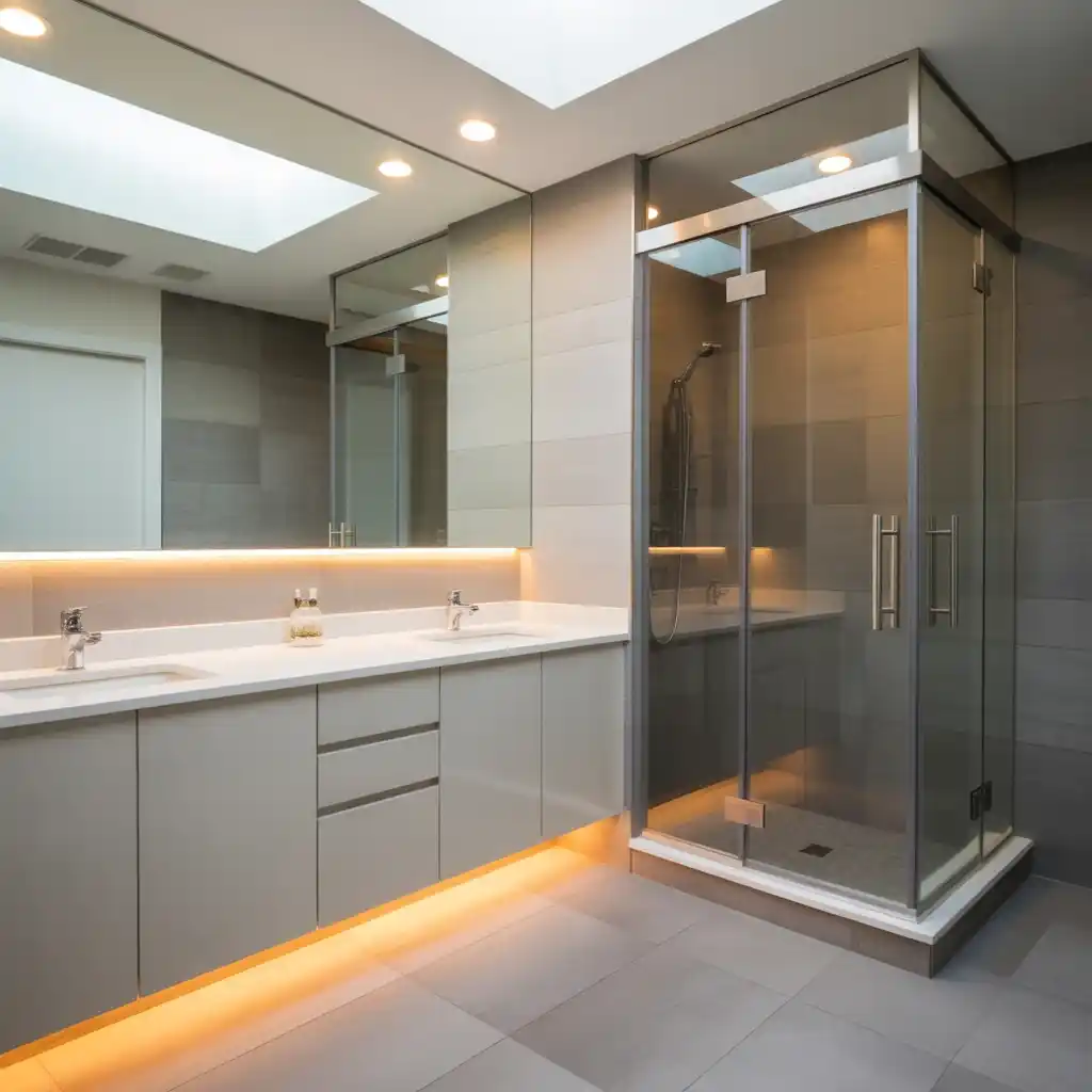 LED strip lighting under cabinet double vanity modern bathroom