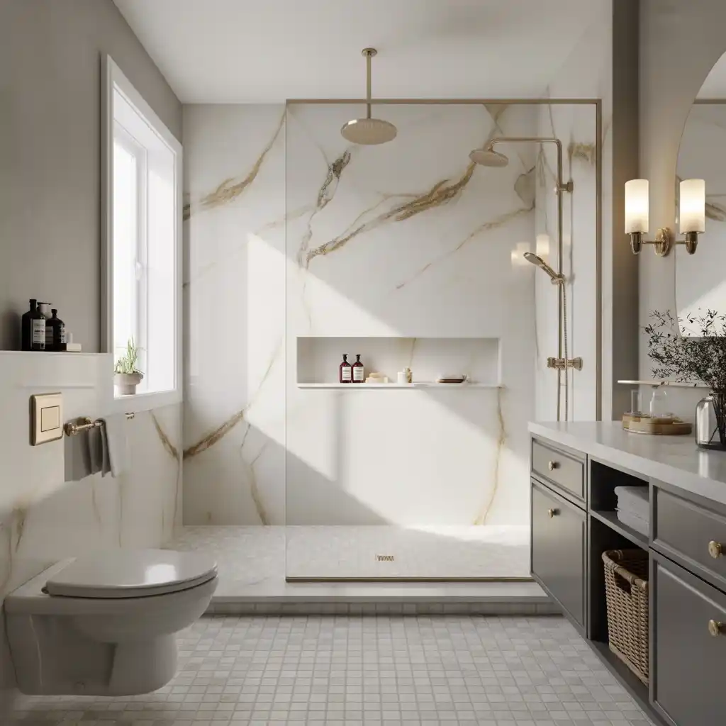 Large format marble slab shower walls bathroom