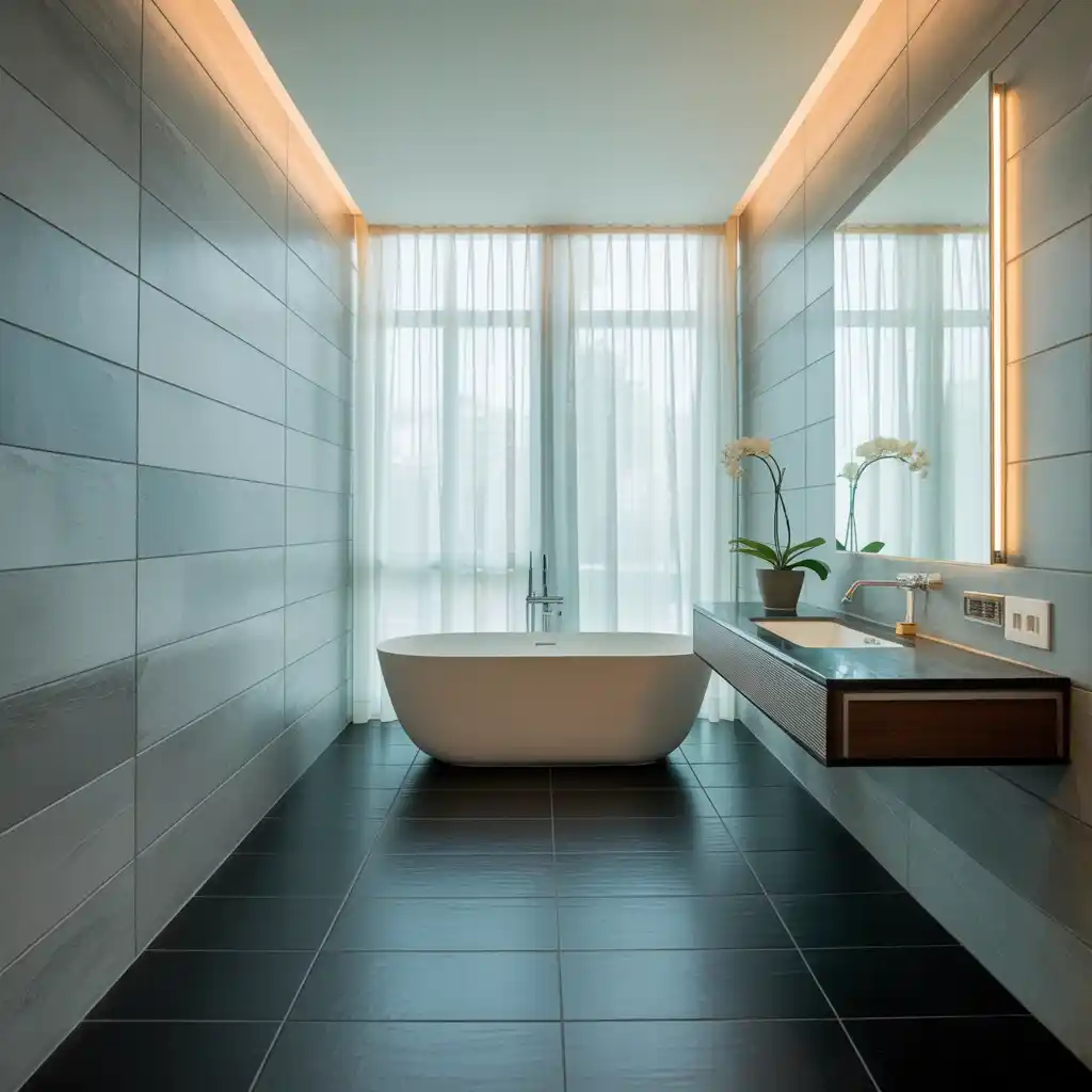 Large gray tiles black lino modern bathroom