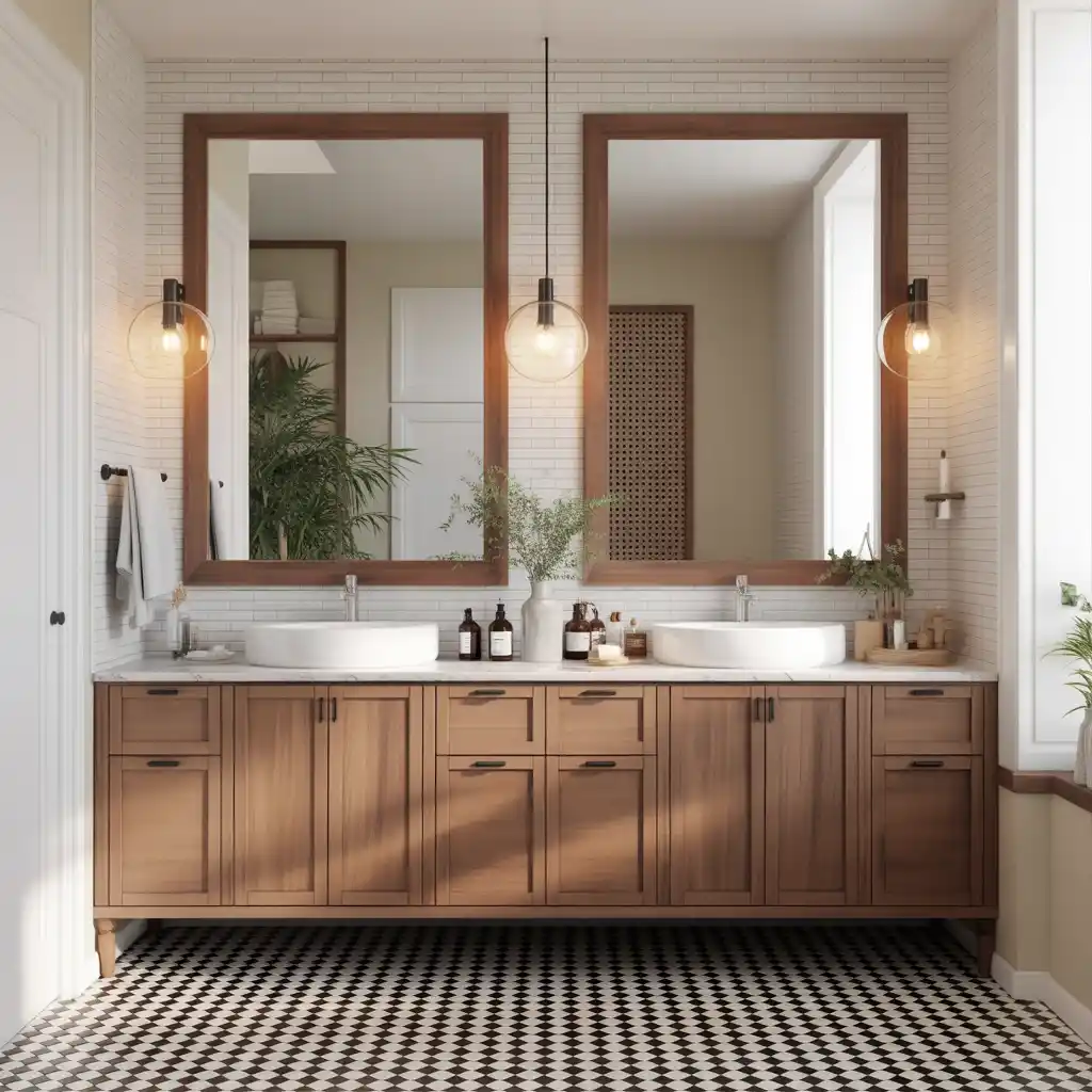 Layered mirrors visual interest double bathroom vanity reflection