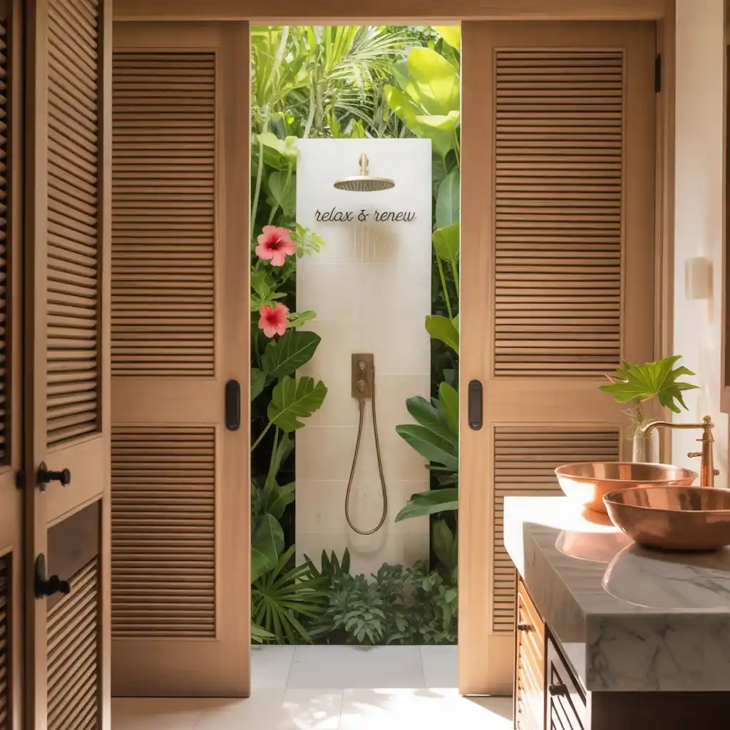Louvered doors tropical bathroom design
