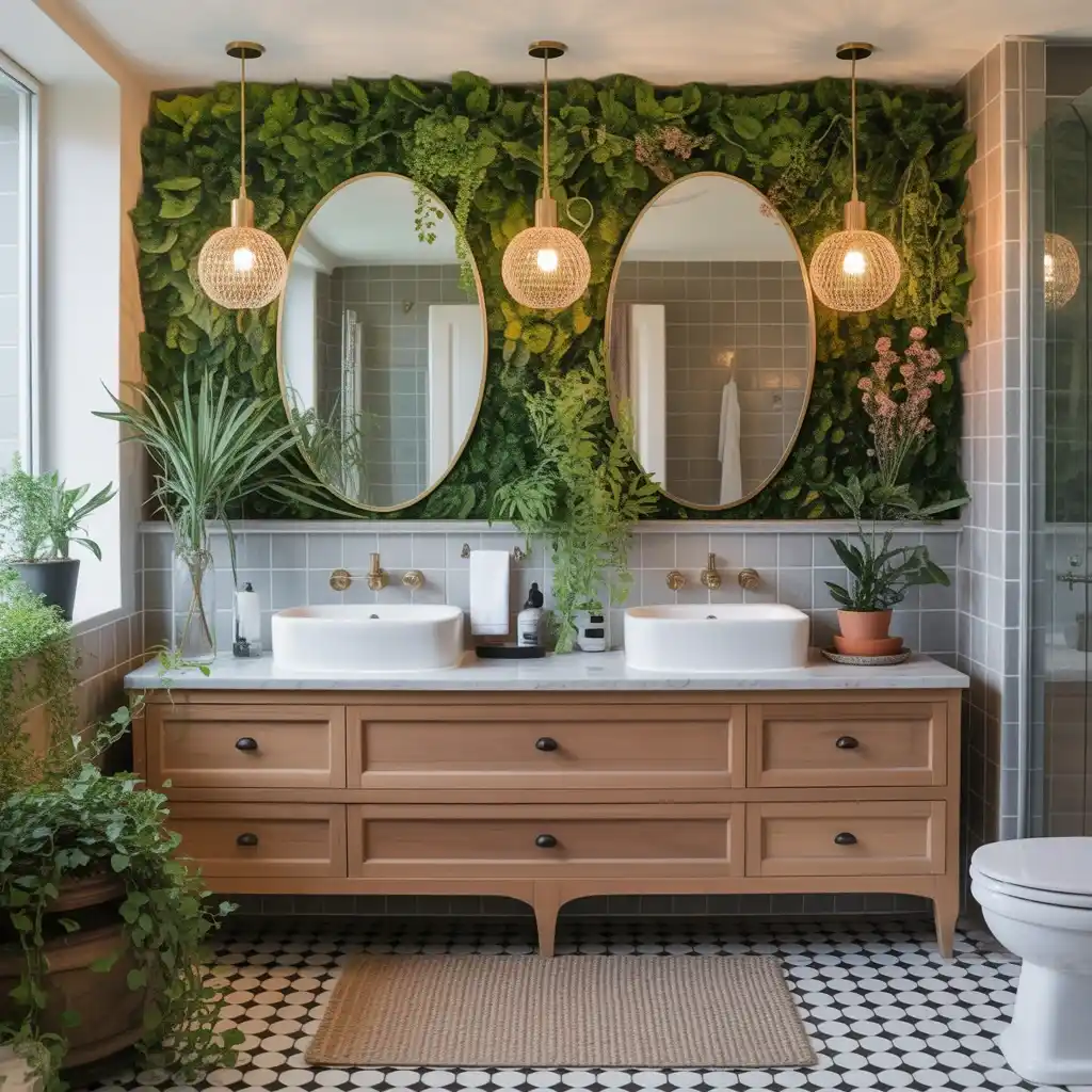 Low maintenance plants double sink bathroom vanity greenery