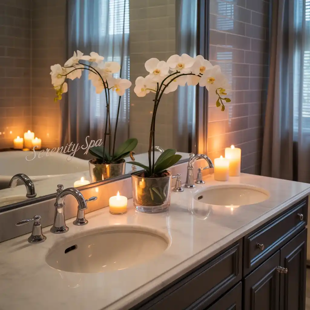 Luxury candles spa ambiance double sink vanity atmosphere