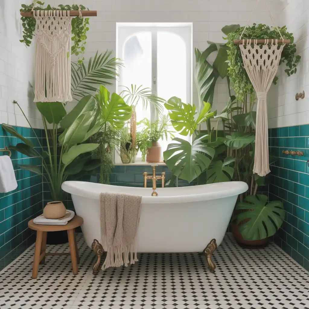 Macrame plant holders tropical bathroom