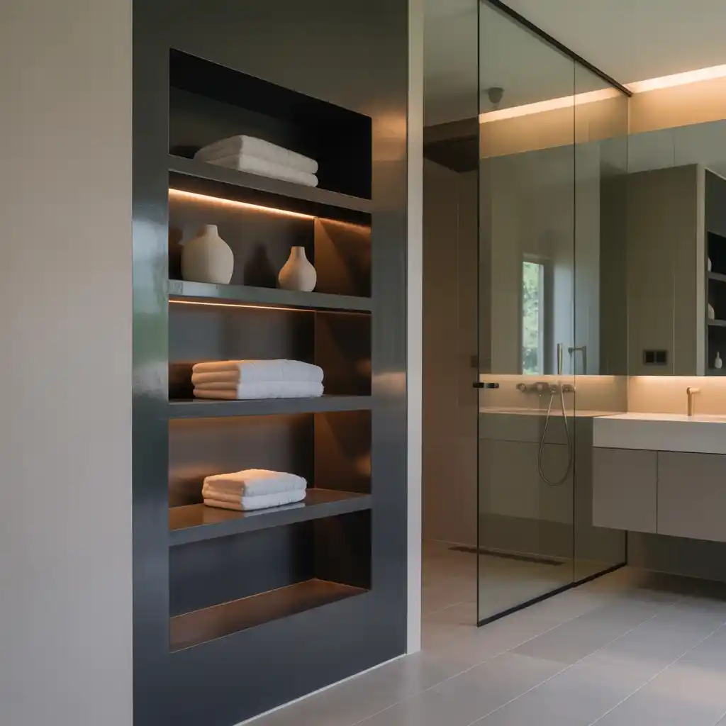 Matte black built-in bathroom shelving