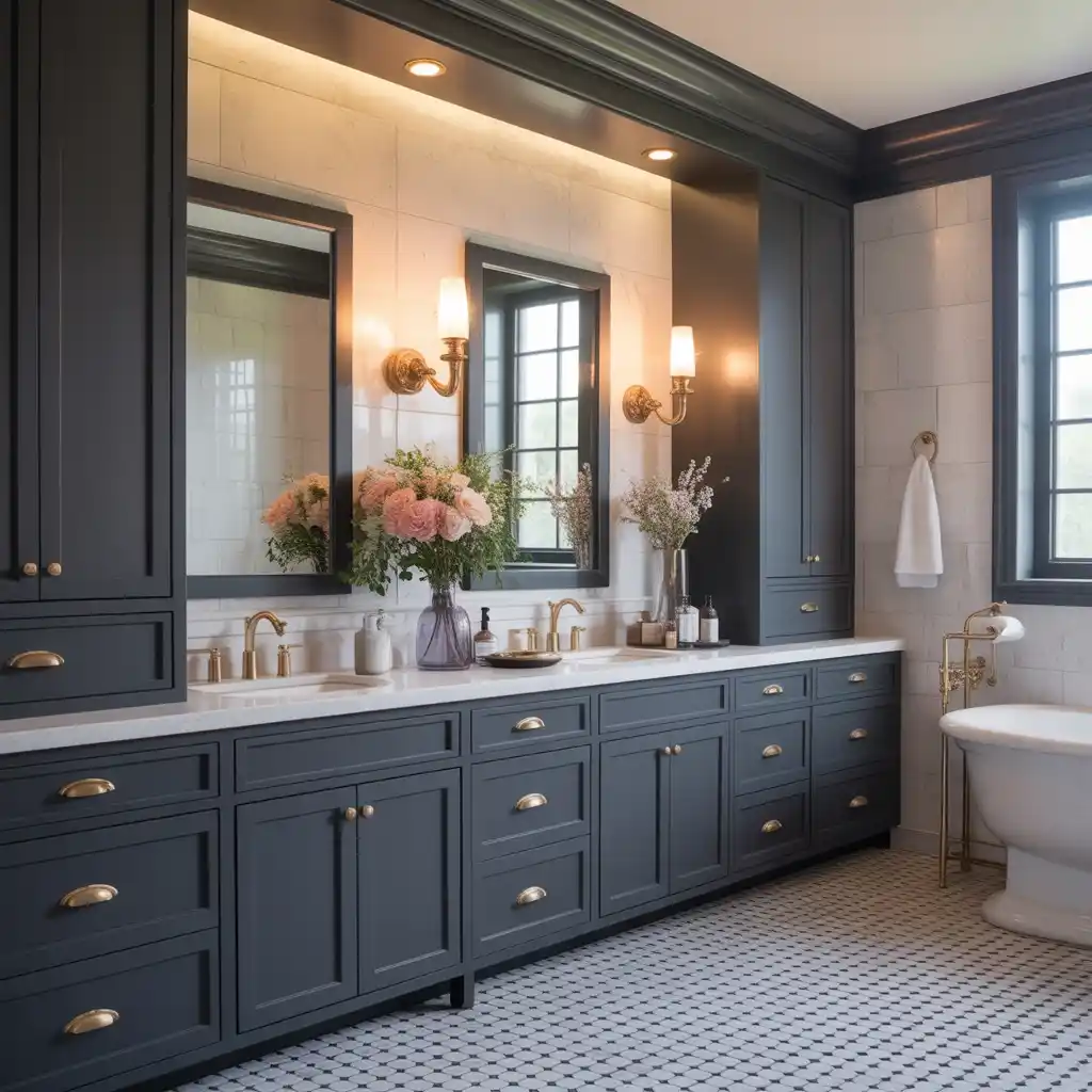 Matte black cabinet doors brass hardware