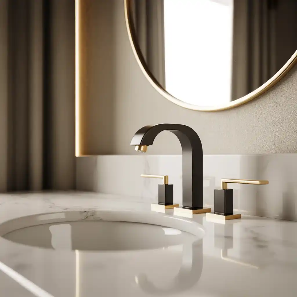 Matte black faucet gold accents bathroom
