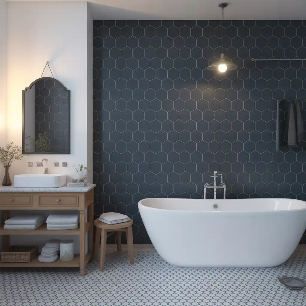 Matte black hexagon tiles white grout