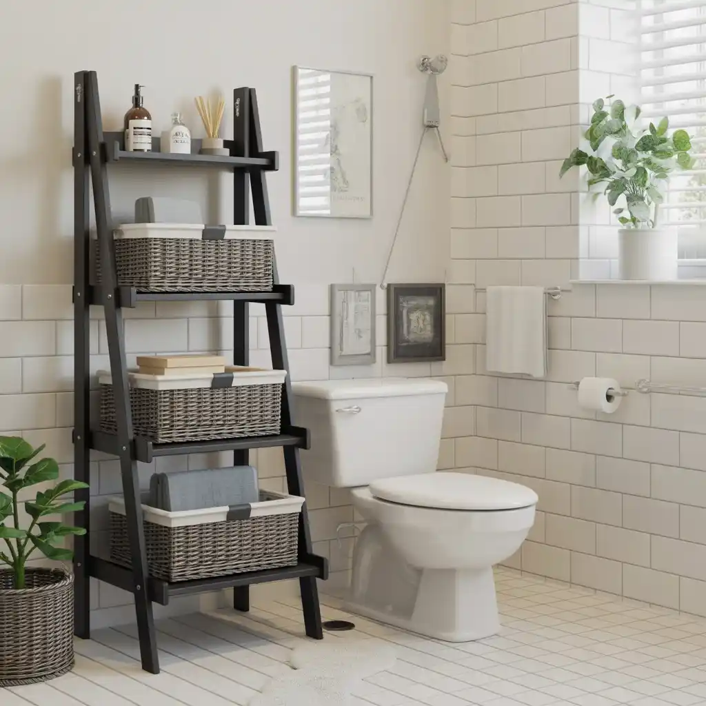 Matte black ladder shelf storage baskets