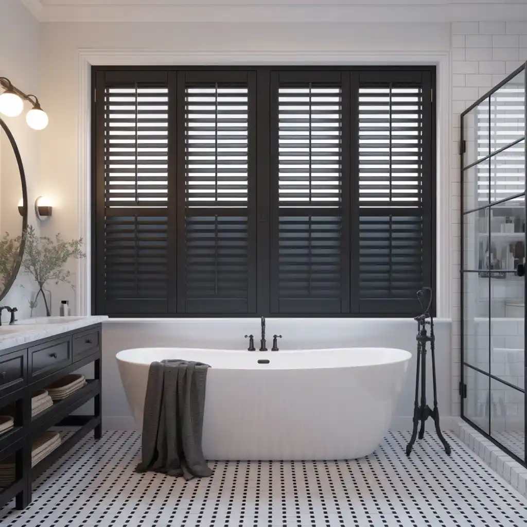 Matte black plantation shutters bathroom