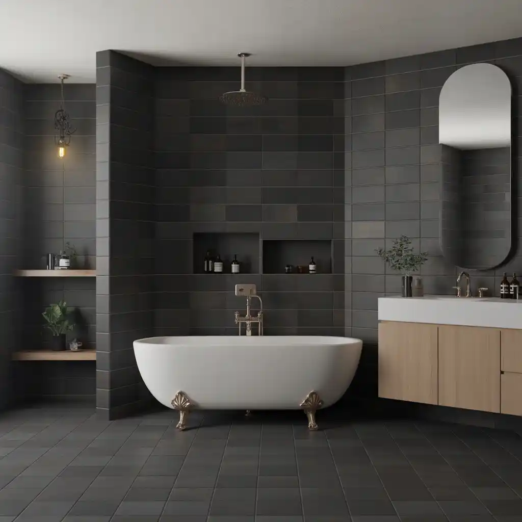 Matte black textured stone bathroom tiles