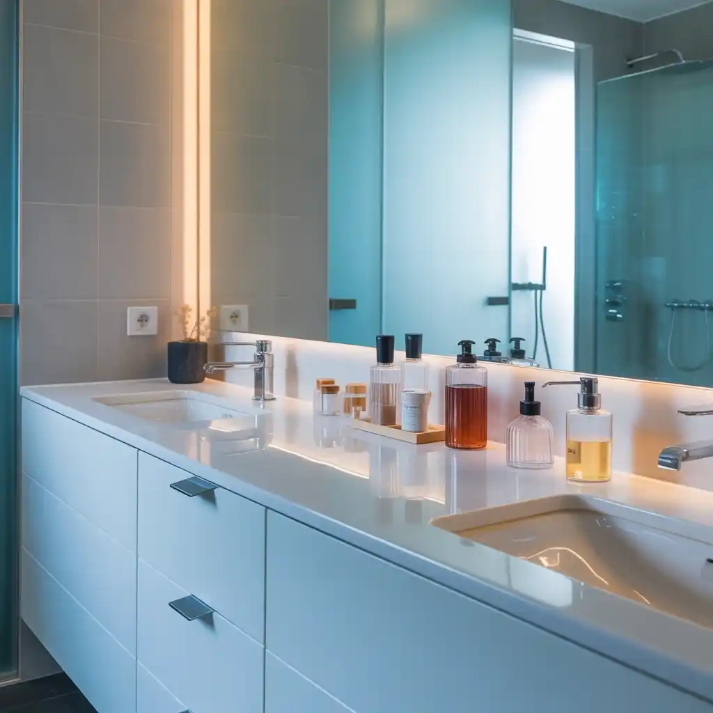Minimalist glass storage containers double vanity organization
