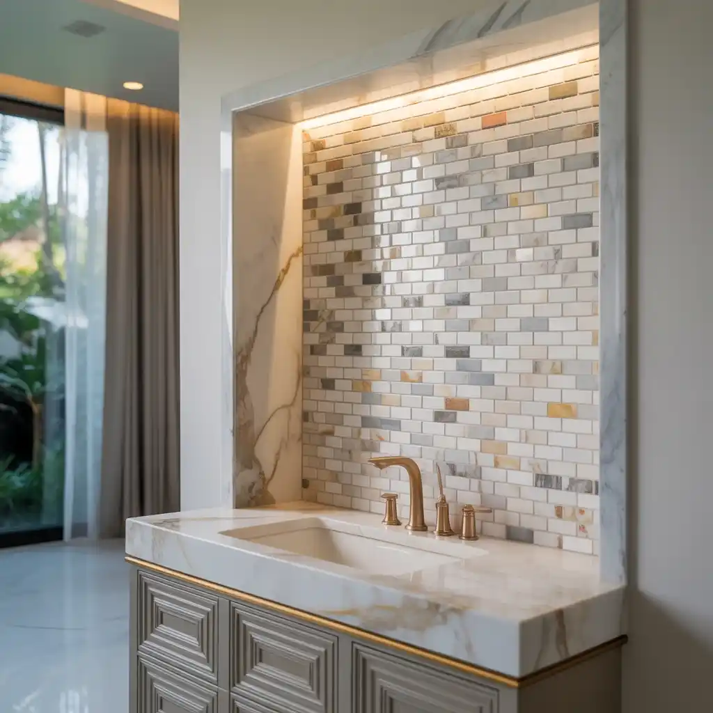 Mixed marble mosaic shower niche bathroom tiles