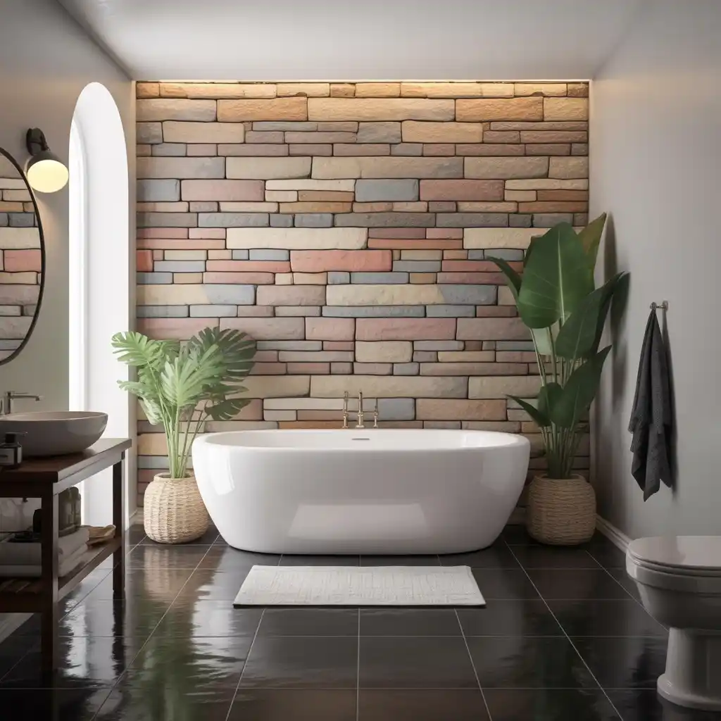 Natural stone accent wall black lino bathroom