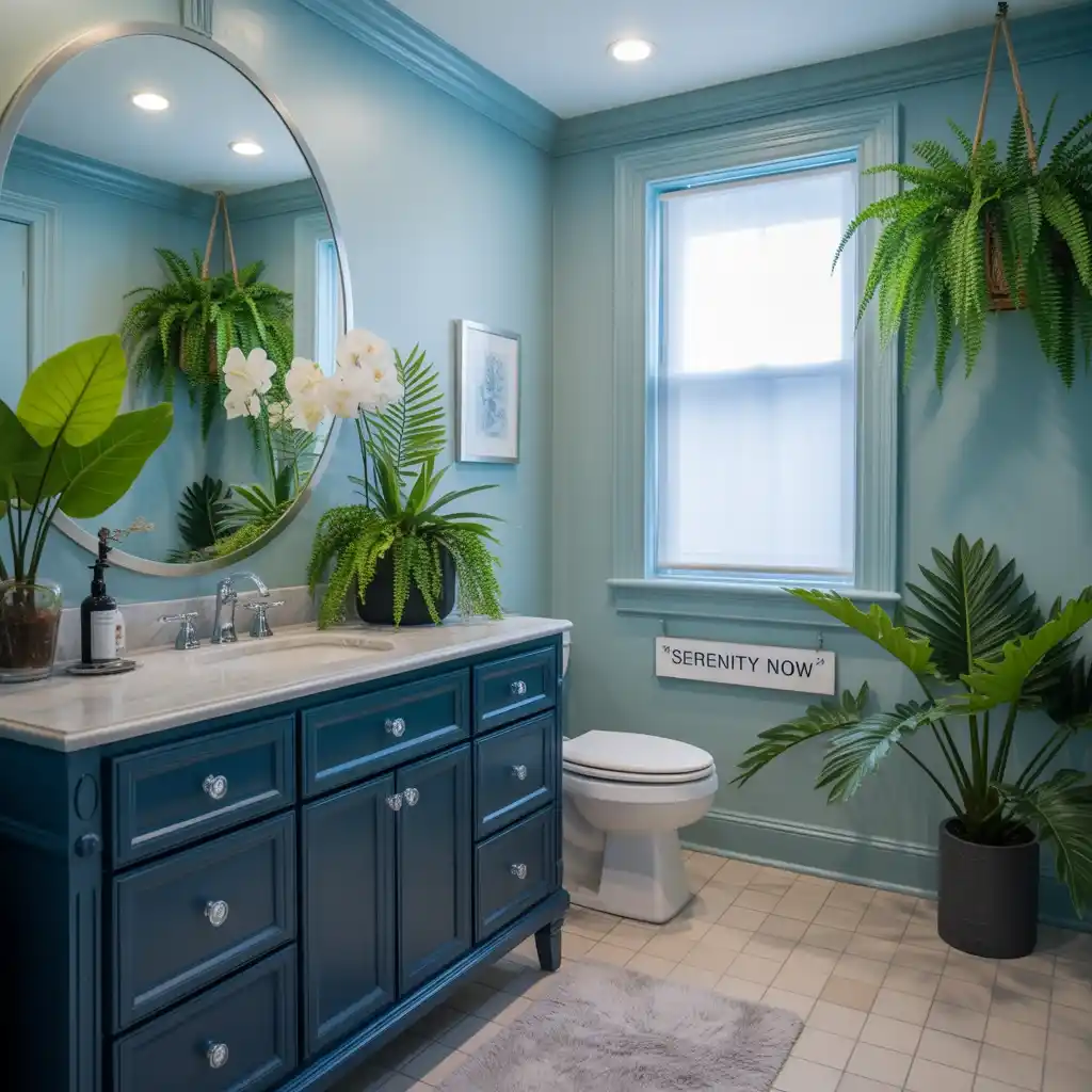 Navy vanity tropical plants powder blue bathroom